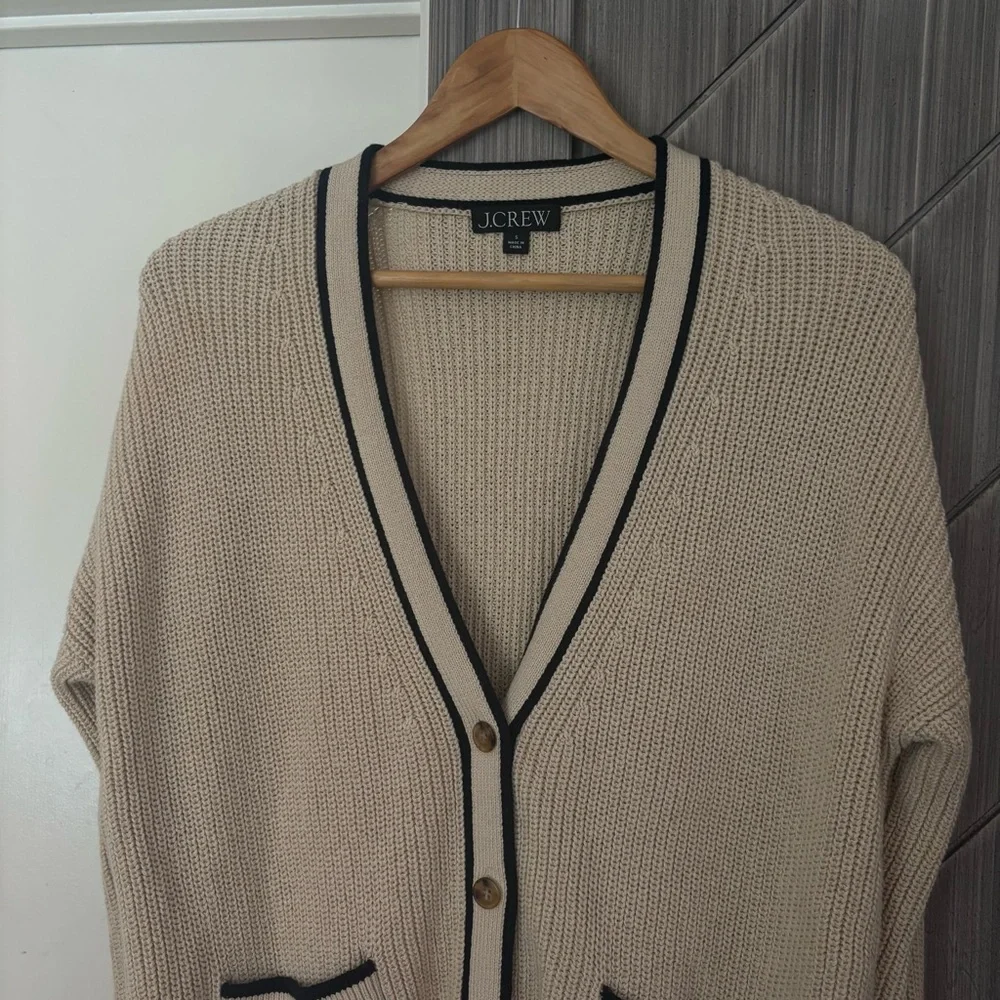 J.CREW Tipped V-neck Cotton Cardigan Sweater Women's Size Small Cream